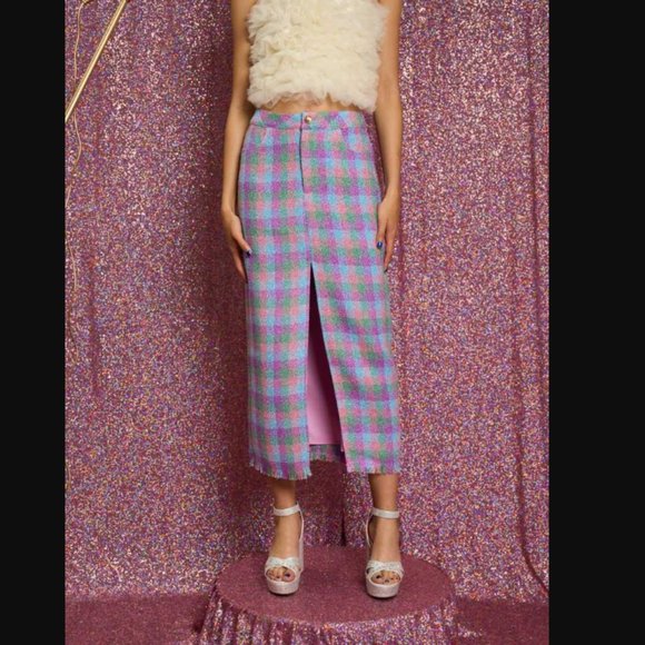 Sister Jane Dresses & Skirts - Sister Jane Diana Colorful Metallic Check Tweed Midi Skirt M NWT
